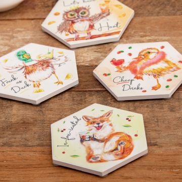 Drunken Animals Ceramic Coaster Set - Forest Family